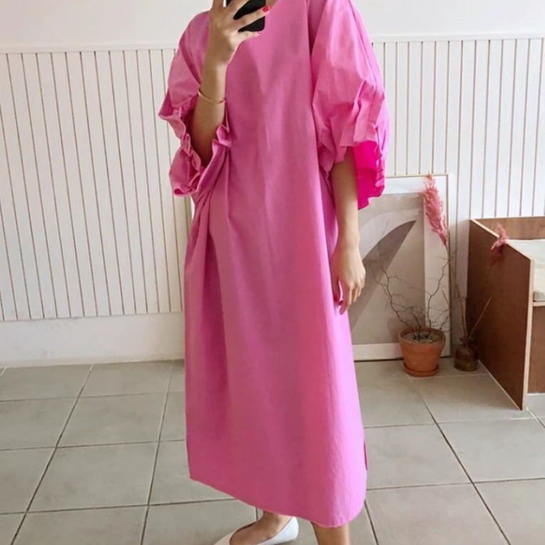 レディース ワンピース プルオーバー ロングスカート ロング 5分袖 ボリューム袖 Vネック 襟なし ノーカラー ワイド スリット サイドスリット 薄手 かわいい 大人可愛い きれいめ シンプル