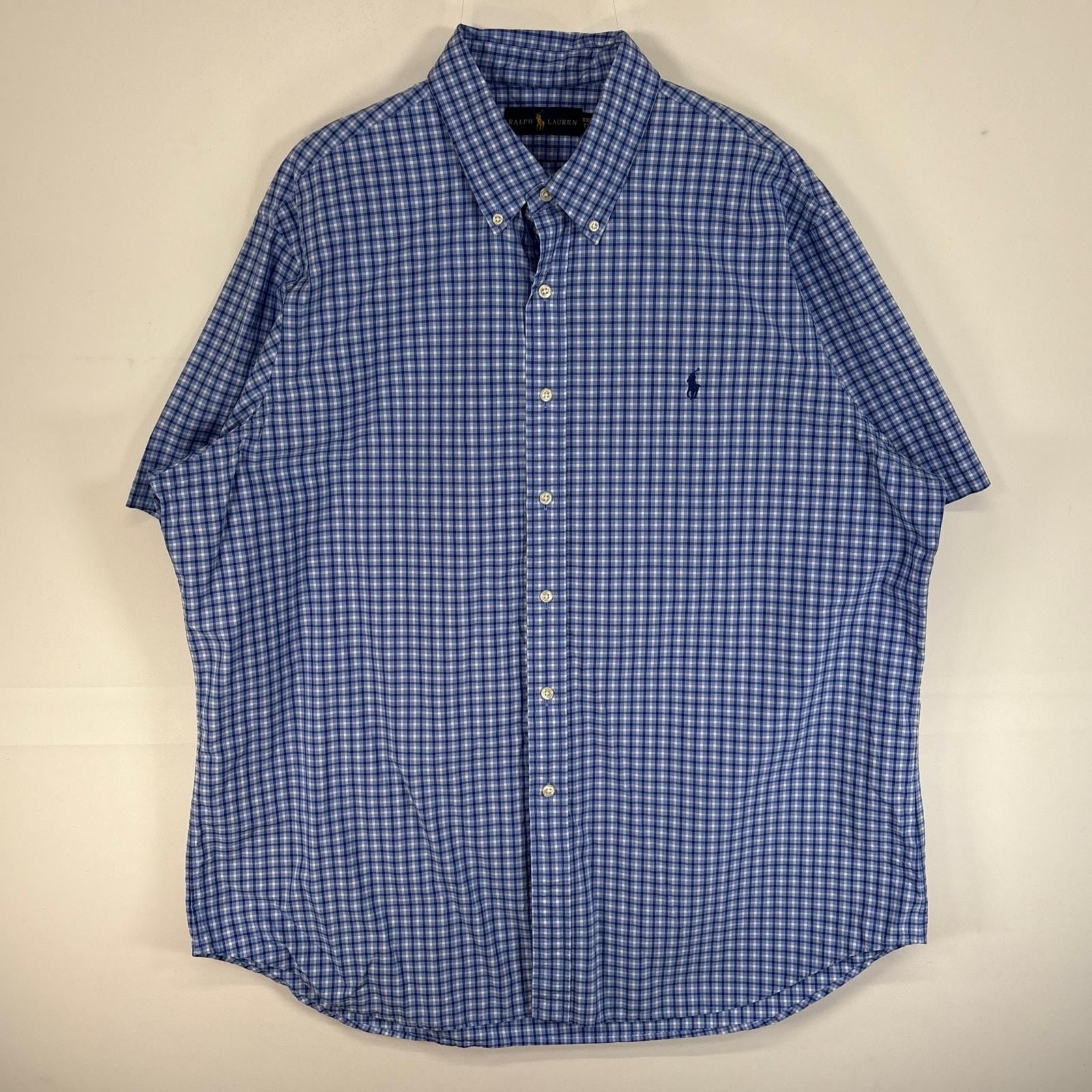 古着 半袖シャツ ロゴ 刺繍 大きいサイズ 薄手 ボタンダウン XXL ブルー チェック メンズ