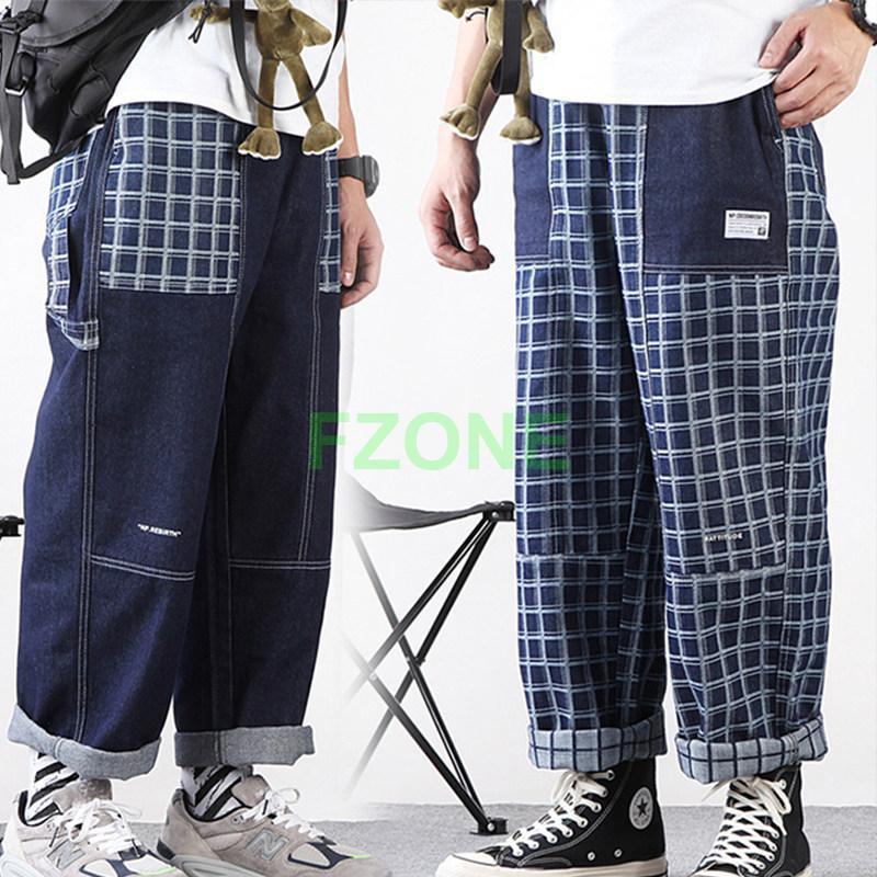 デニムパンツ メンズ ワイドパンツ ジーンズ ストライプ レディース 大きいサイズ ストレート 長ズボン 春夏 韓国風 切り替え チェック柄 ゆった