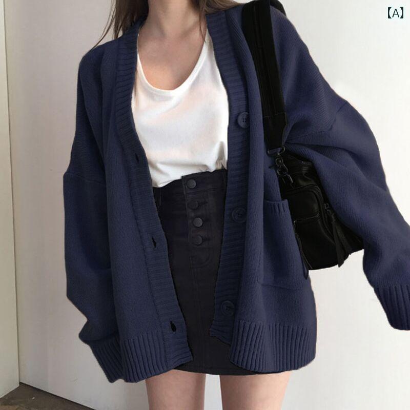 ニット レディース メンズ カーディガン おしゃれ カジュアル 韓国 レトロ Vネック セーター ブルー グレー カーキ 5,092円