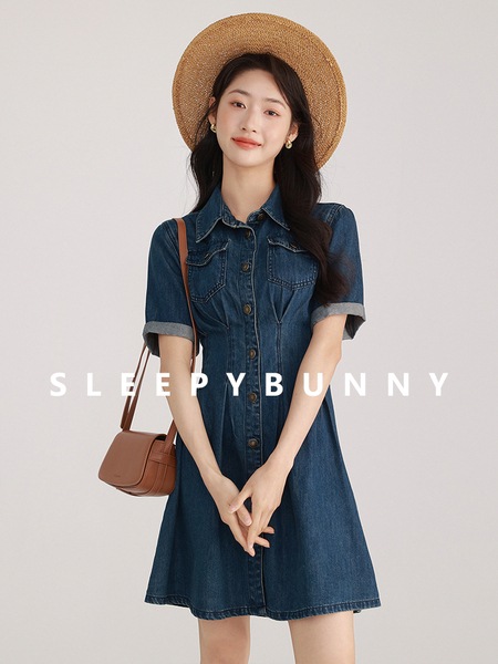 Sleepy Rabbit シングルブレスト ダークブルー サマー デニム ドレス