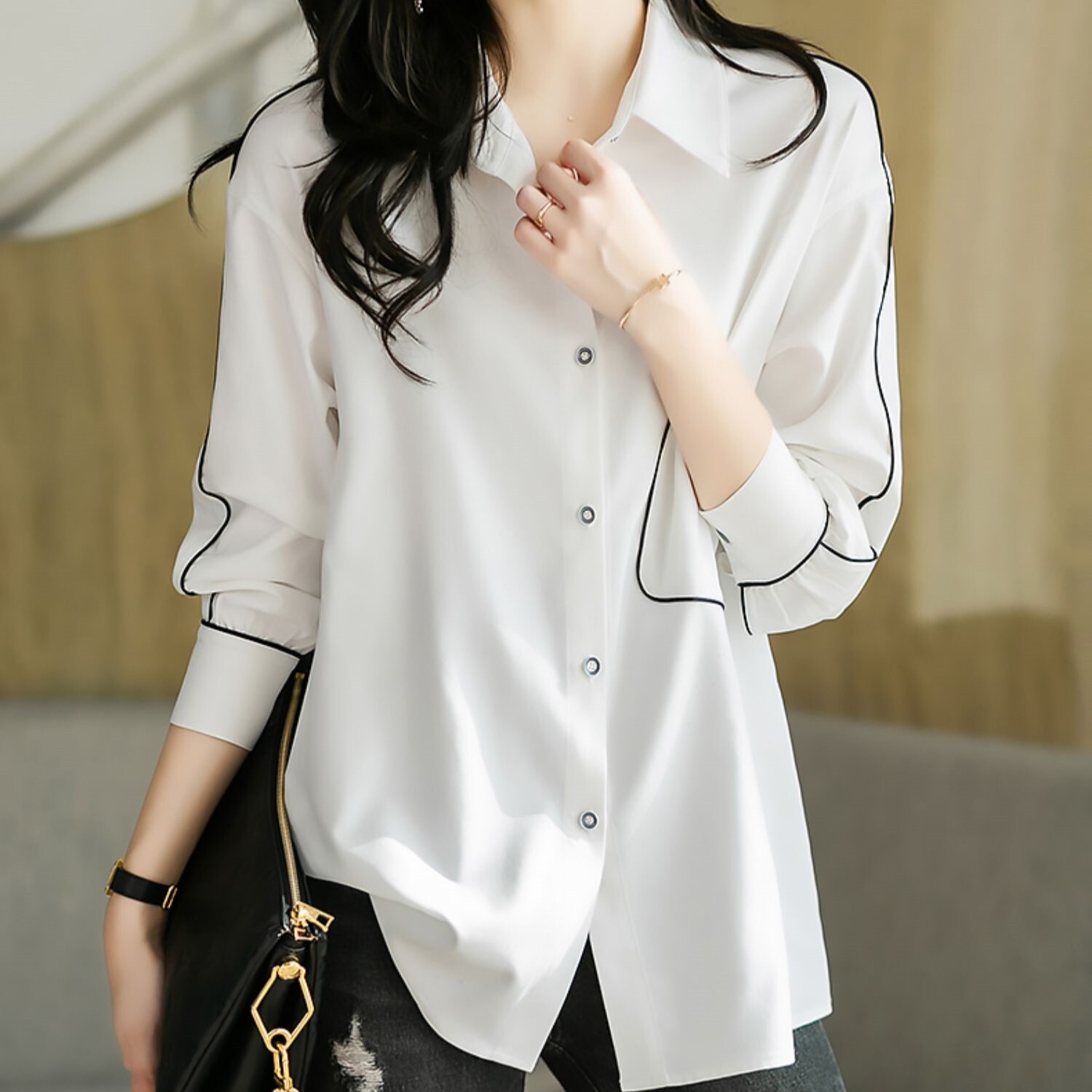 トップス シャツ ブラウス 白シャツ 袖あり 長袖 襟付き シフォン かわいい 可愛い きれいめ シンプル カジュアル 上品 おしゃれ お洒落 かっこいい 可愛い 女子 こなれ感