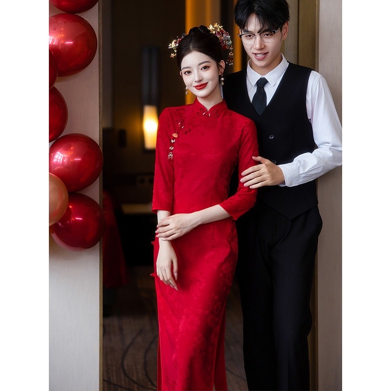 ワンピースドレスドレスチョンサムドレスブライド2025レッドエンゲージメントドレスホームバンケット新しいチャイニーズスタイルの長袖ウェディングドレス 5,401円
