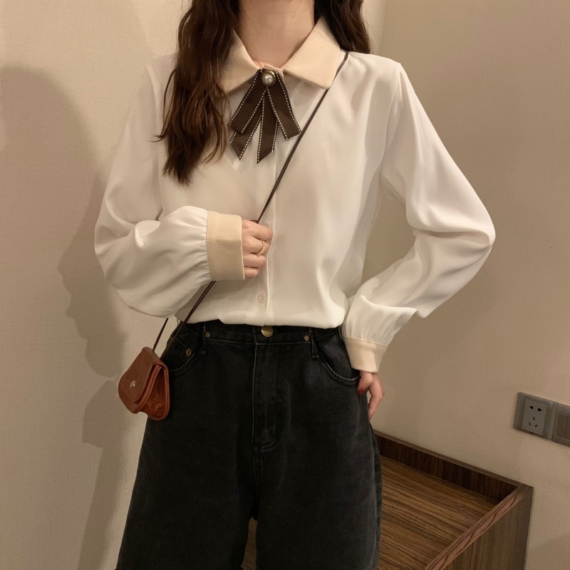 トップス ブラウス シャツ レイヤード ポロカラー レギュラー丈 ルーズ シングルブレスト ボタン S M L 無地 春 秋 通勤 長袖 デザイン ホワイト バーガンディ ブルー アプリコット
