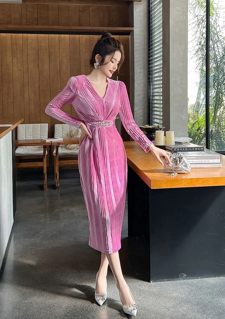 2024春 Vネック ベルベット ワンピース パーティードレス 着痩せ 大人 お呼ばれ 同窓会 披露宴 卒業式 結婚式 ウェディング 二次会 成人式