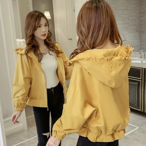 アウター パーカー ブルゾン シャンパー 上着 ショート ショート丈 袖あり 長袖 フリル 前開き かわいい 大人可愛い カジュアル おしゃれ お洒落 レトロ 大人可愛い 大人女子 こなれ感 ラフ