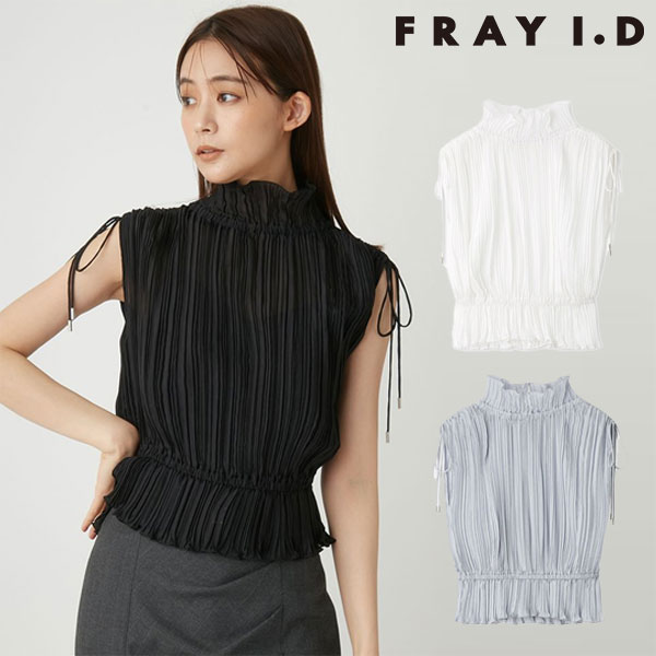 【SALE50%OFF】【即納】 フレイアイディー FRAY I.D トップス 24秋冬 プリーツペプラムブラウス ミドル丈 ノースリーブ シフォン リボン fwfb244134