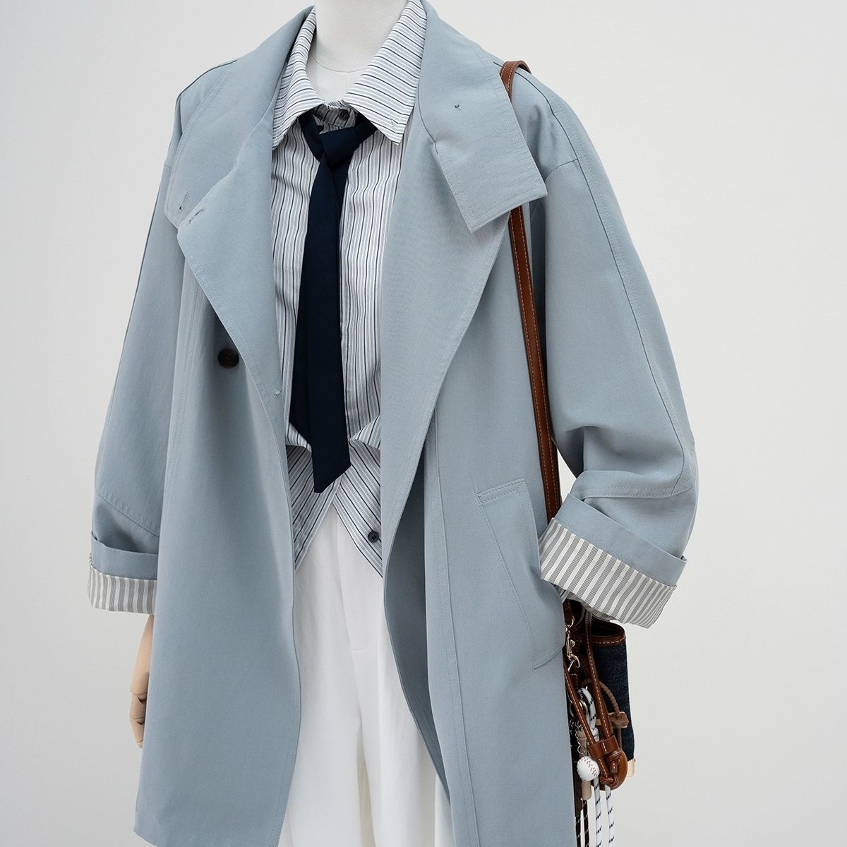 【急速出荷!】トレンチコートおしゃれストライプスリーブコート女2025春新作デザインセンシュアルスタンドカラーのゆったりミディアムコートアウタートレンチコート