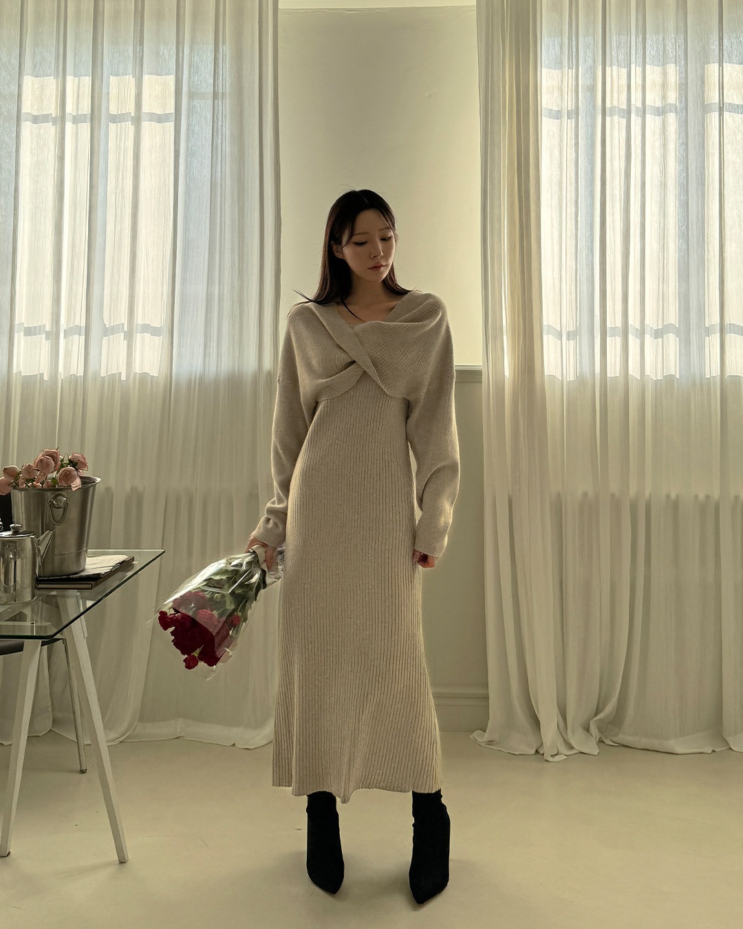 [MAYBINS] リブニットマキシワンピース+ツイストニット