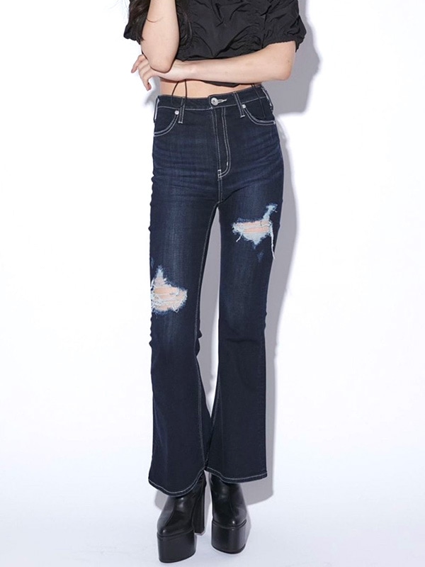 GYDA デニム パンツ ハイウエスト H/Wダメージフレアデニムパンツ フレア ブーツカット ダメ―ジ 伸縮 ストレッチ 美脚 脚長 美脚効果