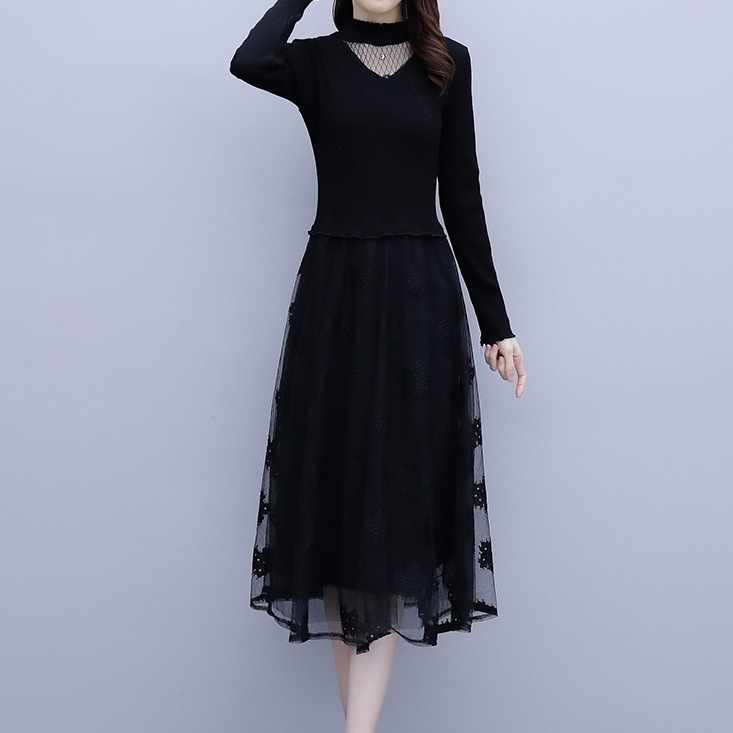 ワンピース フレアワンピース 膝丈 ひざ丈 袖あり 長袖 ハイネック Aライン レース 刺繍 チュール 切り替えデザイン ドッキング 透け感 シースルー ニット 異素材MIX かわいい 大人可愛い