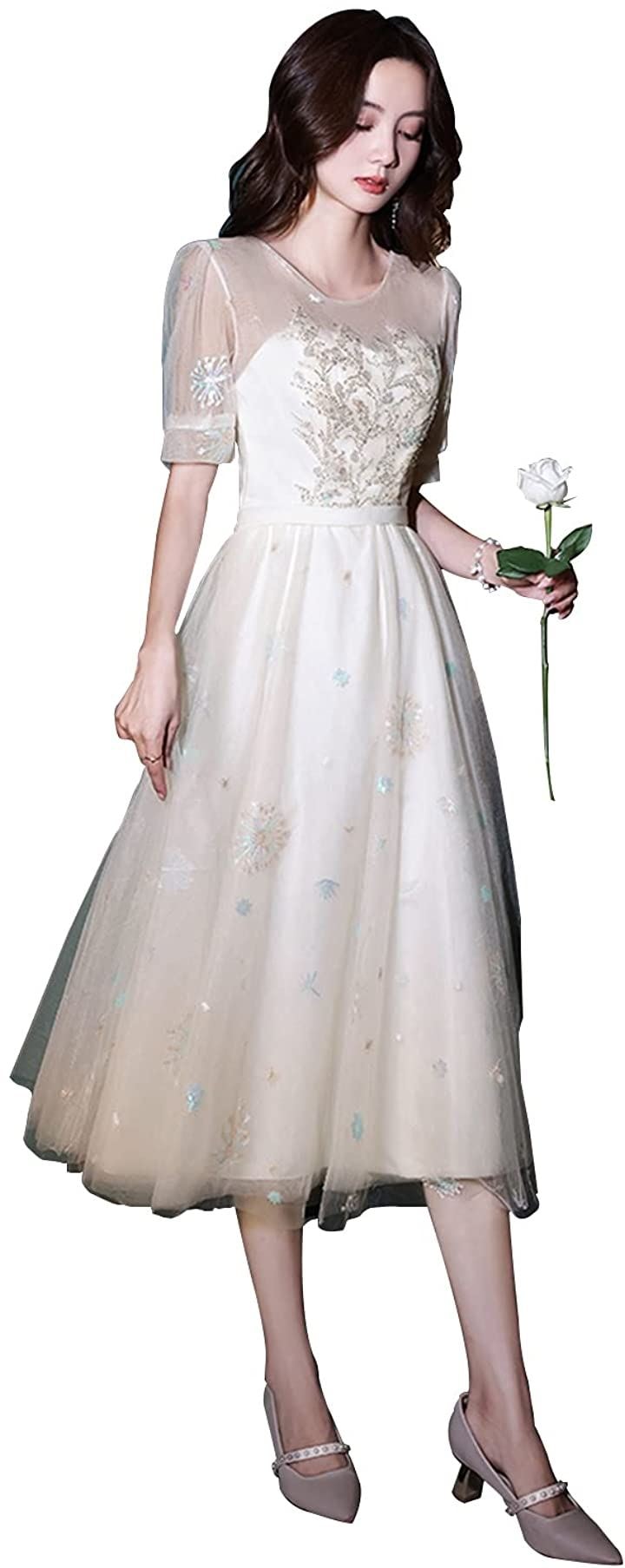 ミモレ丈 パーティードレス 細身 ウエディングドレス 綺麗 かわいいし 結婚式 編み上げ ワンピース 姫系ドレス 手作り 刺繍 スパンコール装飾( ホワイト, L) 4,714円