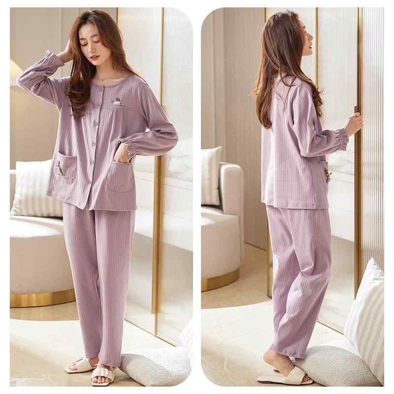 パジャマ レディース 上下セット 春秋 薄手 長袖 ルームウェア 前開き ラウンドネック 大きいサイズ ウエストゴム 通気性 柔らかい 母の日 プレゼント シンプル 紫