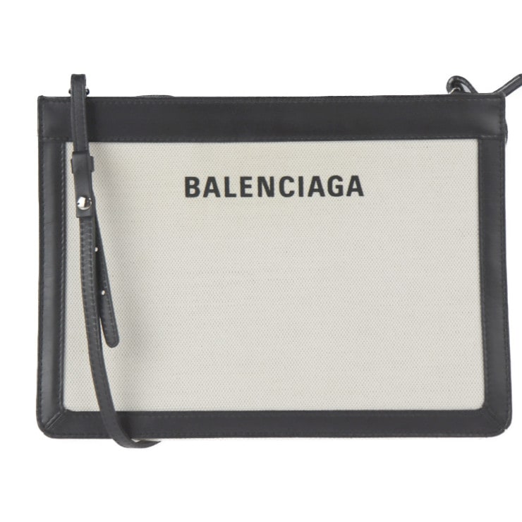 美品 BALENCIAGA バレンシアガ ショルダーバッグ 339937 ネイビーポシェット キャンバス レザー ナチュラル ブラック 2WAY セカンドバッグ【本物保証】