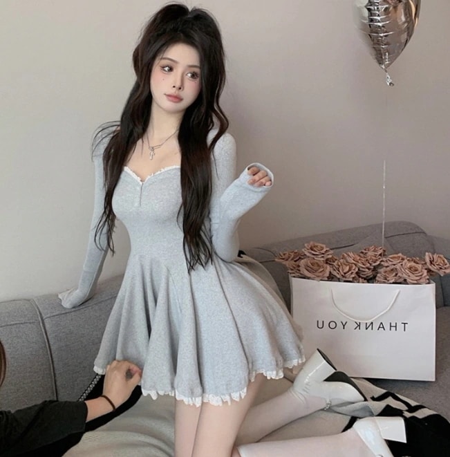 ワンピース ミニスカート プリーツスカート ミニ丈 ショート丈 袖あり 長袖 スクエアネック スリム Aライン プリーツ フリル ハイウエスト かわいい おしゃれ お洒落 メンズライク ガーリー