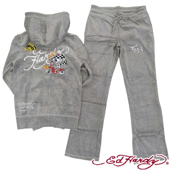 エドハーディー レディース 刺繍 長袖 ベロア セットアップ Ed Hardy SKULL RIDER グレー エドハーディー 正規品 海外 LAセレブ 着用 サファリ ファッション 雑誌 掲載 ブ