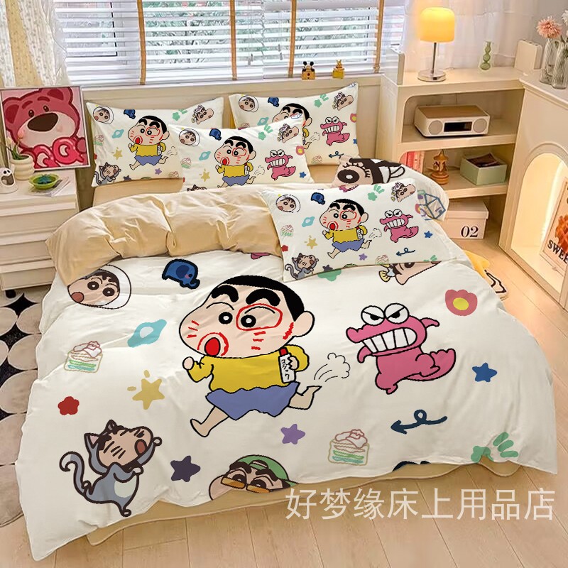 クレヨンしんちゃん 純綿ベッド4点 子供漫画 掛け布団カバー 四季学生寮 コットンベッドシーツ 3点セット