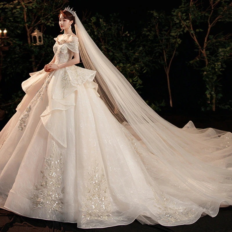 上品感が湓れる!フレンチヴィンテージ結婚式ドレス気質高級感刺繍花嫁ロングドレスフィッシュテールパーティードレステーマドレス結婚式お呼ばれホワイトドレス