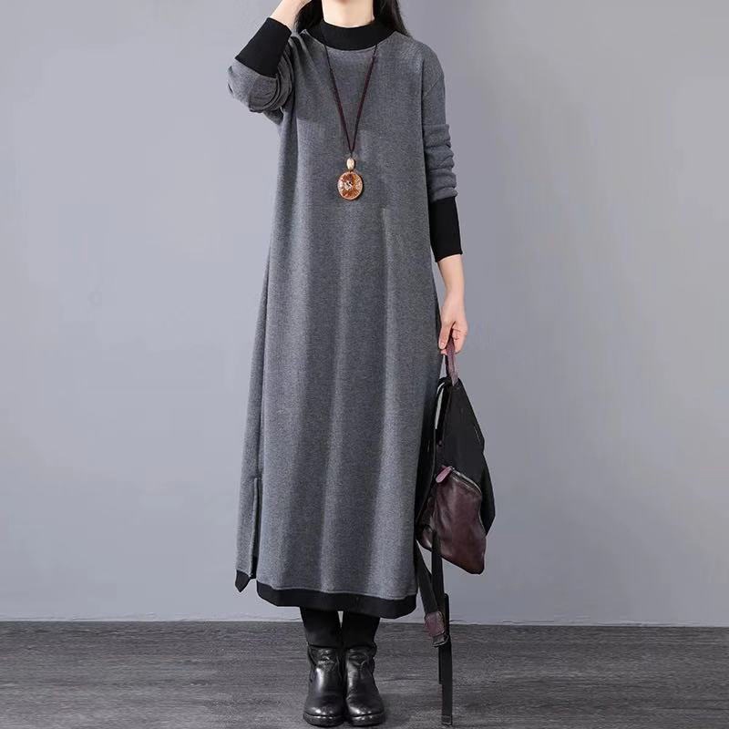 フリースロングワンピース ワンピース ロング丈 長袖 パフスリーブ ラウンドネック 襟なし Aライン 4,950円