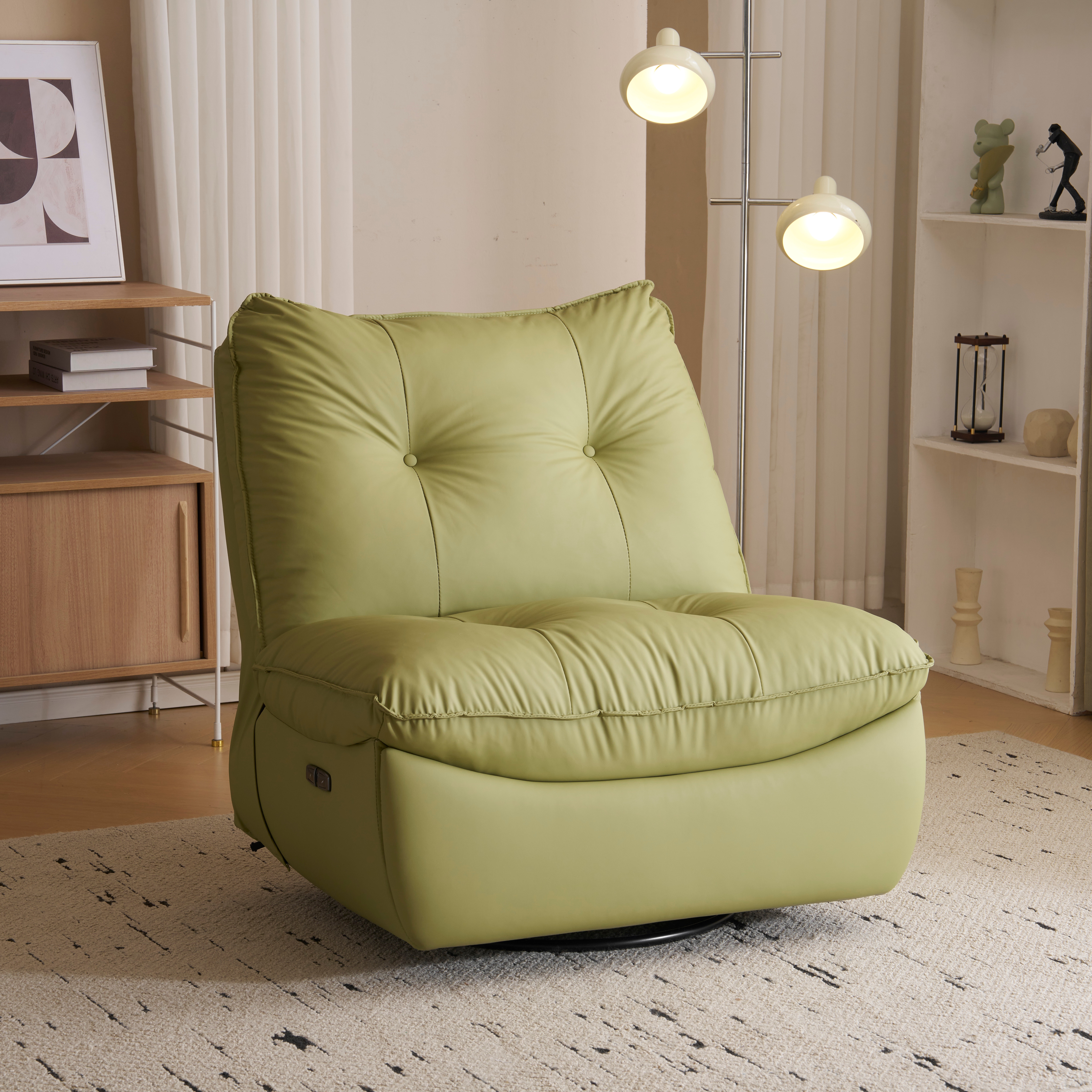 E95リクライニングソファー 肘掛けなし ロッキング 147 調整可能 270 回転 ゆったり 揺ら揺ら 電動リクライニングソファ オットマン一体型 1人掛け USBポート付き 電動ソファ モーシ