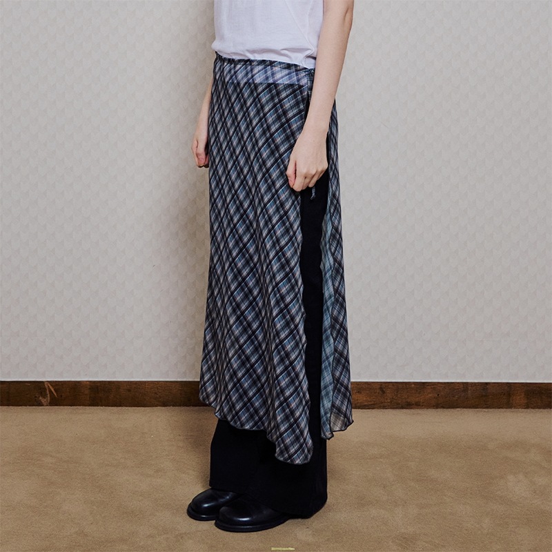 CHECK LAYERED WRAP LONG SKIRT