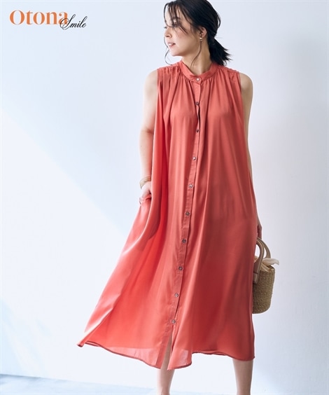 ロングマキシ丈/半袖 ノースリーブギャザーワンピース OtonaSMILE