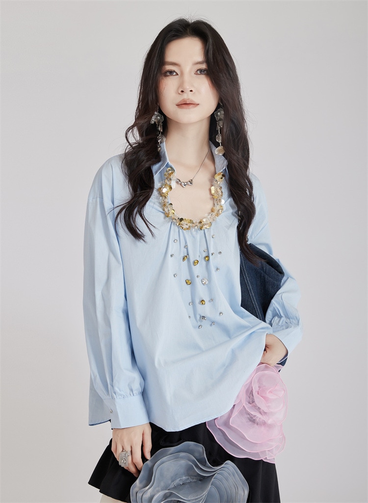 韓国ファッション 2025春夏新作 Uネック ビーズデコールブラウス ゆったりシルエット 大人可愛い 通勤用 長袖トップス
