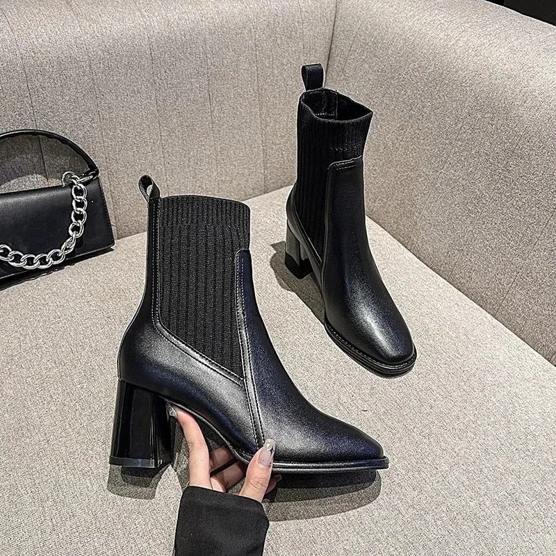 新作 弾力ショットブーツ 個性パッチワーク気質ショットブーツ ハイヒールブーツ 太ヒール マーディンブーツ チェルシーブーツ