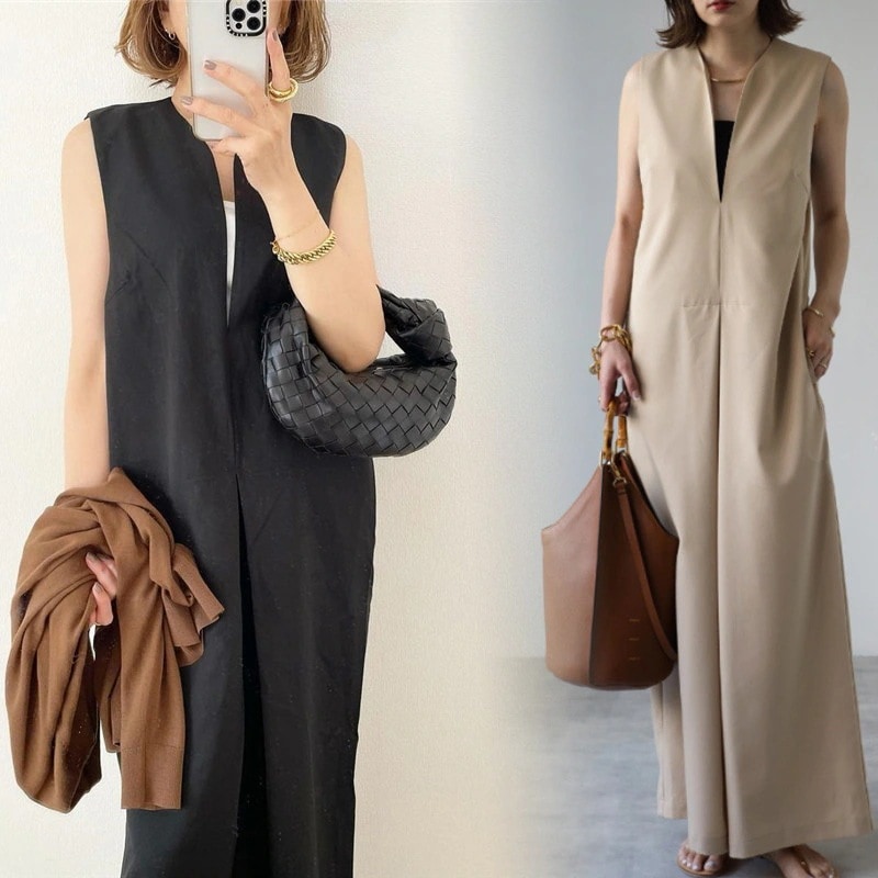 美ゆるシルエット Ｖネック 袖なし オールインワン ワイドパンツ 体型カバー オーバーオール