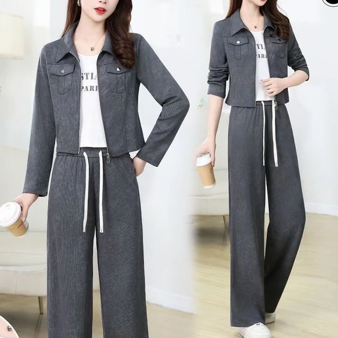 ハイエンドのカスタマイズ-春と秋のカジュアルスーツの女性の 2024 新しいスポーツスーツ気質ファッションジャケットワイドレッグパンツ 3 点セット 2 点セット