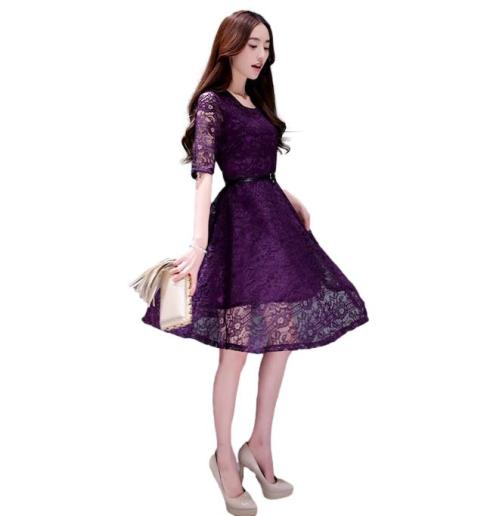 L 紫 韓国 ラージサイズ ラウンドネック レース ボトミング ワンピース スリム ミ丈 4,666円