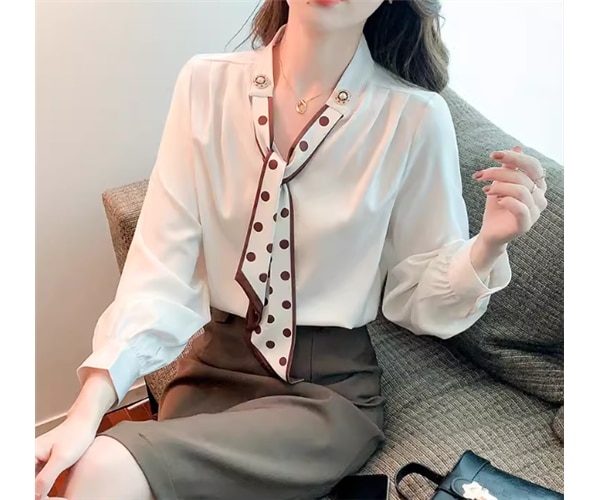 レディース トップス シャツ プルオーバー ミドル丈 長袖 ボウタイ りぼんタイ ストレート フェミニン シフォン かわいい 大人可愛い きれいめ シンプル カジュアル 上品 おしゃれ こなれ感