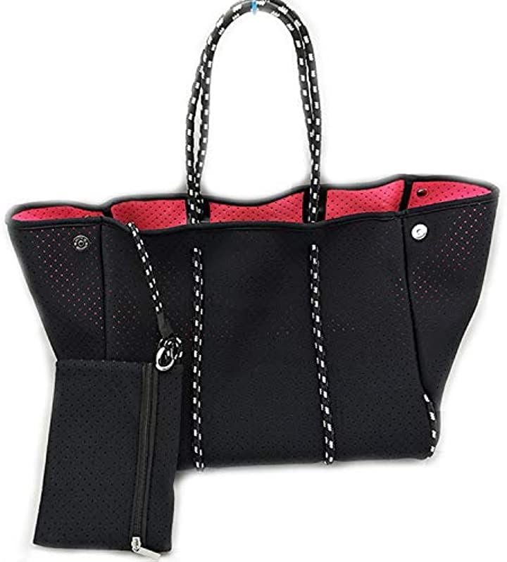 母の日 ポーチ付 ネオプレーントートバッグ マザーズバッグ バイカラー 大きめ A4 A3 LL 子供のおむつ 大量の荷物 レジャー 海水浴 ビーチ 撥水 軽量 黒( 黒 Black) 5,638円