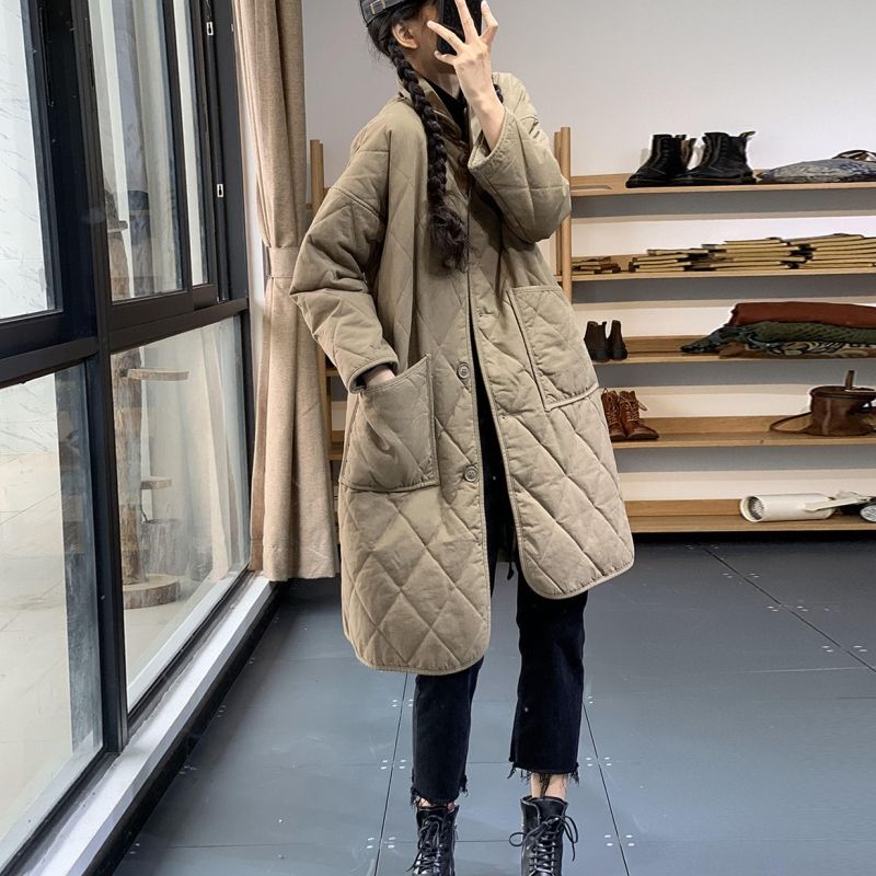 アウターダウンジャケットコートファーカラー 冬新作 大きいサイズ 中綿入れの服リンジ 厚手保温ひし形格子長袖綿入れコートゆったり痩せ見えカジュアルミディアム丈綿入れ 日系アウター ダウンコート レ