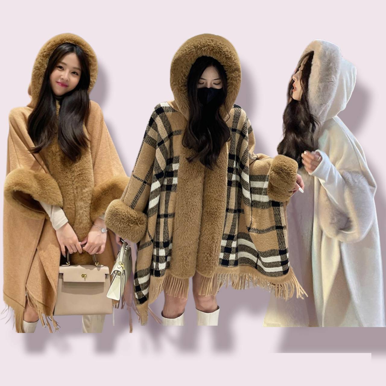 ファーフード付き ポンチョ ケープ ショーツ ふわふわ 暖かい アウター コート ジャケット タッセル 冬 レディース a4565