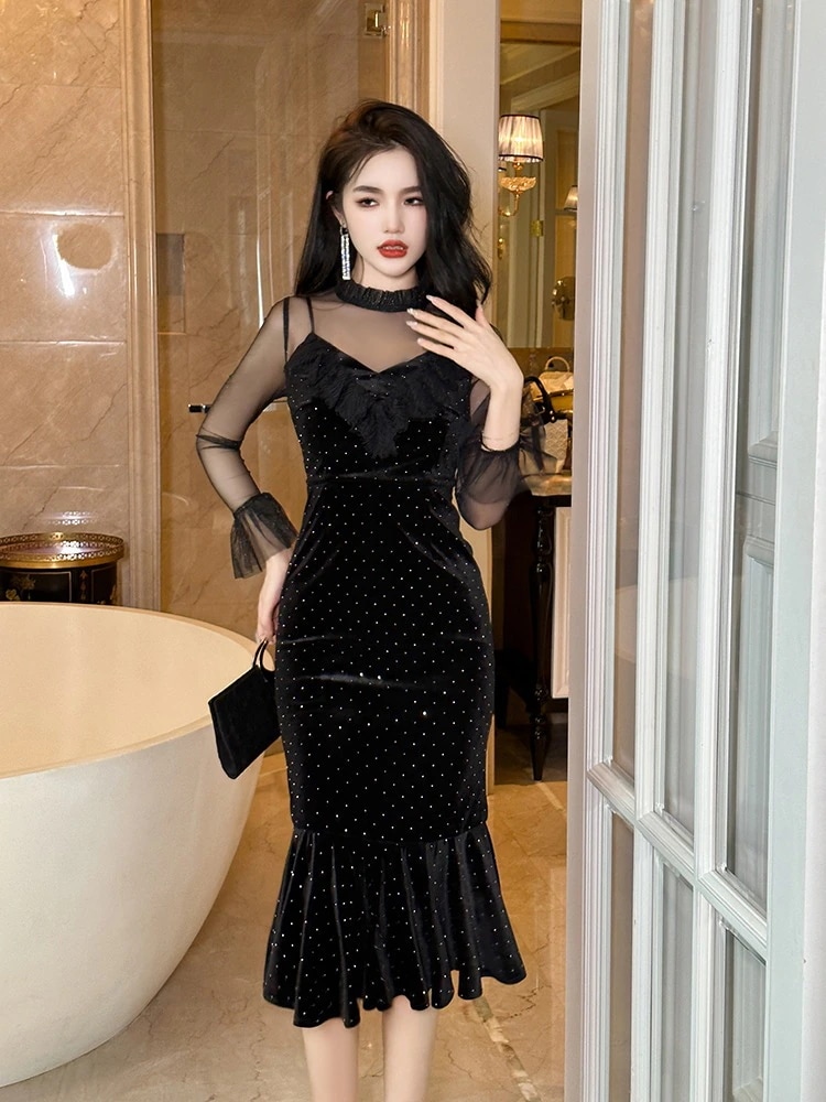 秋 ワンピース ドレス 秋 ル 水玉 長袖 セクシー ロング キャバ 大人 ウェディング 結婚式 ドレス パーティードレス お呼ばれ 披露宴