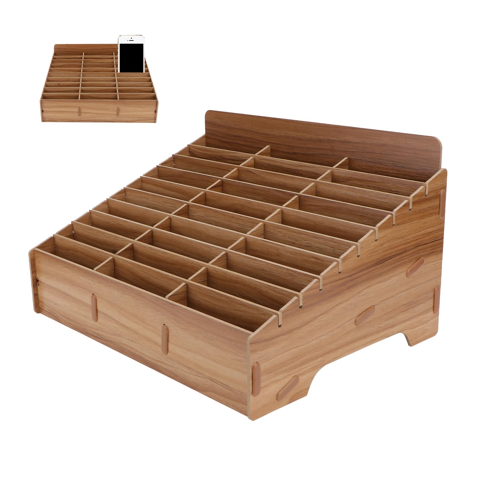 BESTOYARD スマホ端末収納ラック スマホ 収納ボックス 30台 多機能 携帯電話 収納ポケット オフィス用 教室用 30つの仕切り スマートフォン 収納ケース 木製 30台まで収納可能 茶色