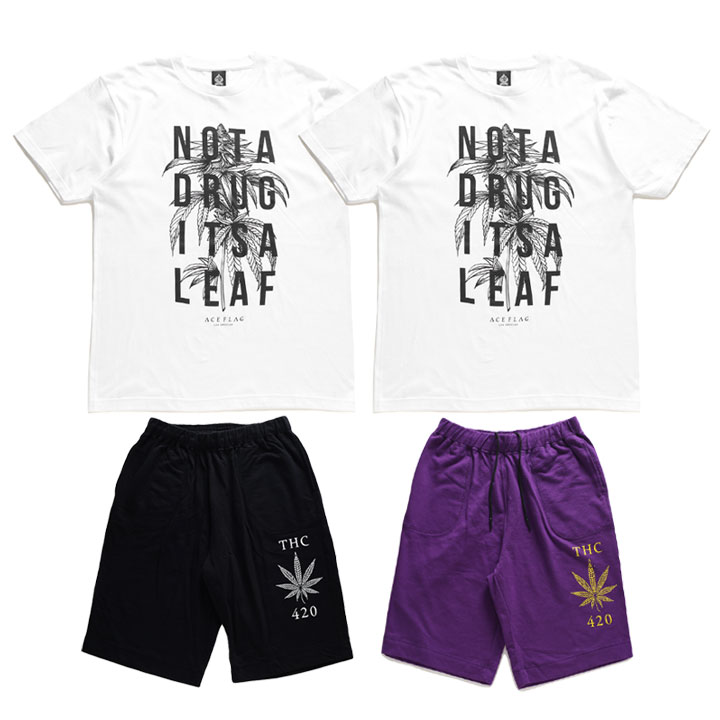 ACE FLAG 上下セット 半袖 ブランド Tシャツ ハーフパンツ メンズ 春夏用 全2色 大きいサイズ エースフラッグ セットアップ 裏パイル バッズ 大麻