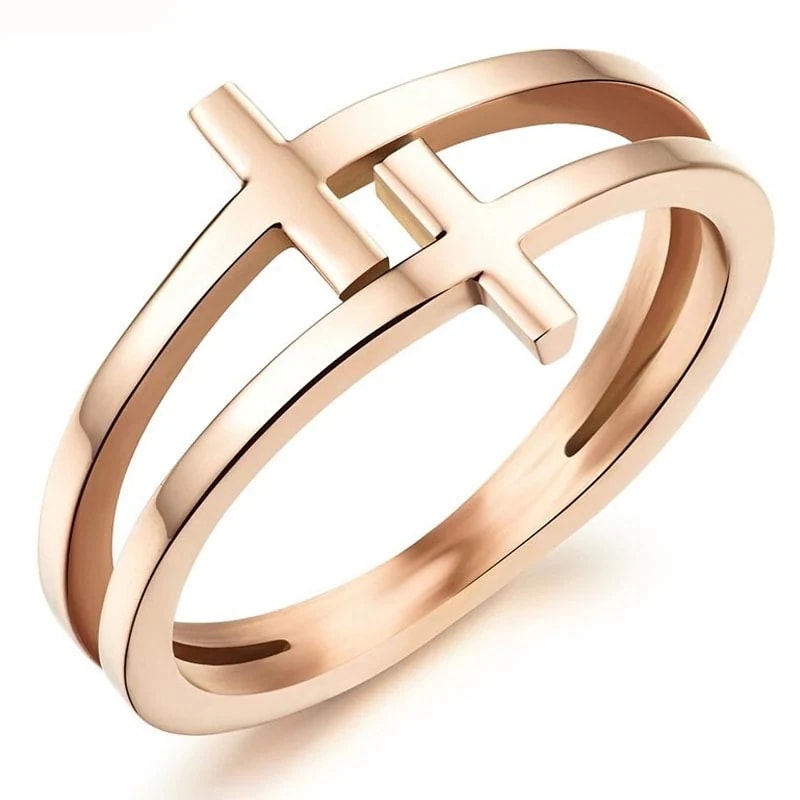 ピンクゴールドダブルクロスステンレスリング/ピンクゴールド（RRR074） 十字架 2個 2連 シンプル 指輪 レディース ペアリング プレゼント ギフト フリーサイズ r0727
