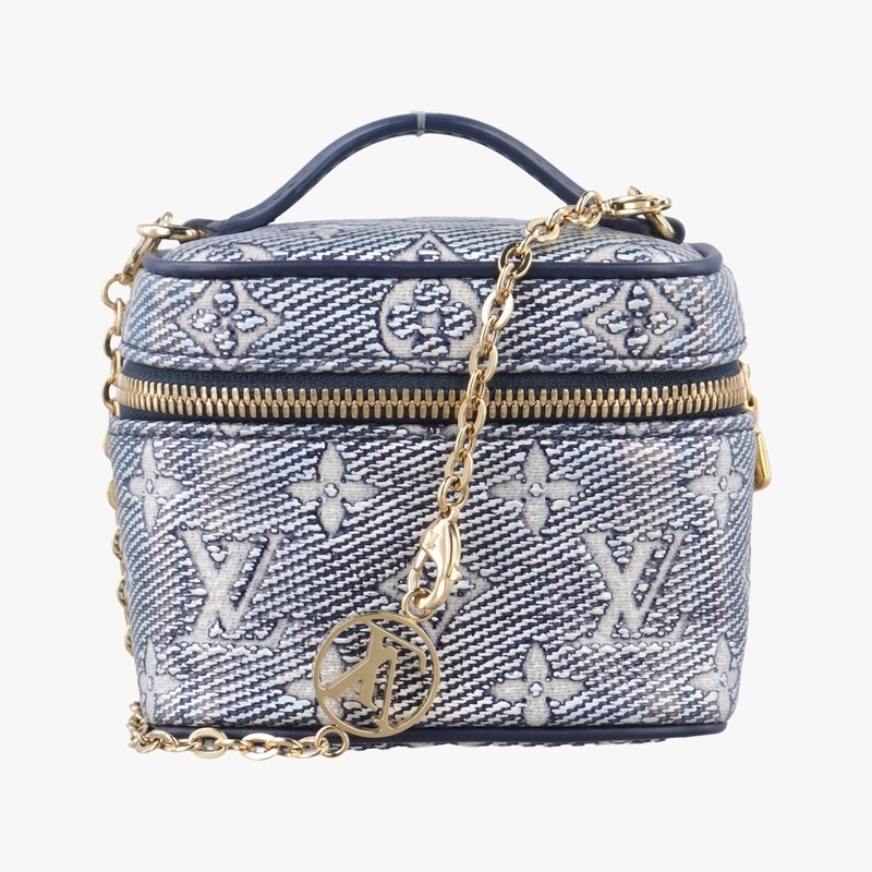 マイクロ バニティネイビー×グレーモノグラム ジャカード デニムM82467ICチップ中古