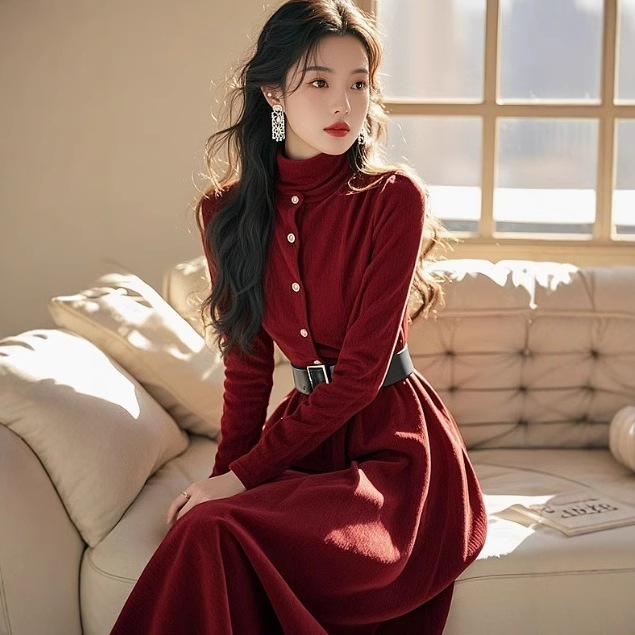 冬 レッド ハイネック 上品 ロングワンピース