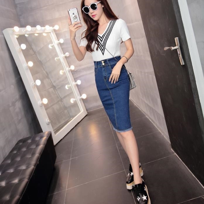 3170.膝丈 デニムタイトスカート（ネイビー）2019 春夏 6分丈 カジュアル 買い物 普段使い お出かけ