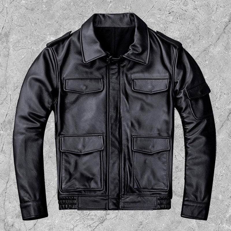 メンズ本革ジャケット初層牛革ラペルショートハンティングジャケットマルチポケット純革ジャケットモーターサイクルシングルジャケット