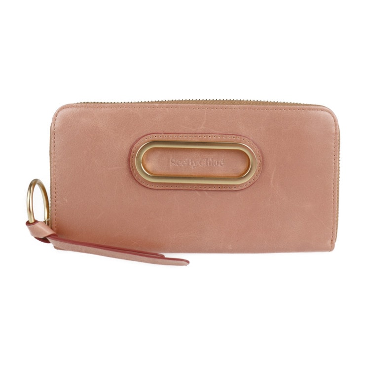 超美品 SEE BY CHLOE シーバイクロエ 長財布 9P7677-P264 PAIGE ペイジ レザー MISTY PINK ゴールド金具 ラウンドファスナー シワ加工 本物保証 中古