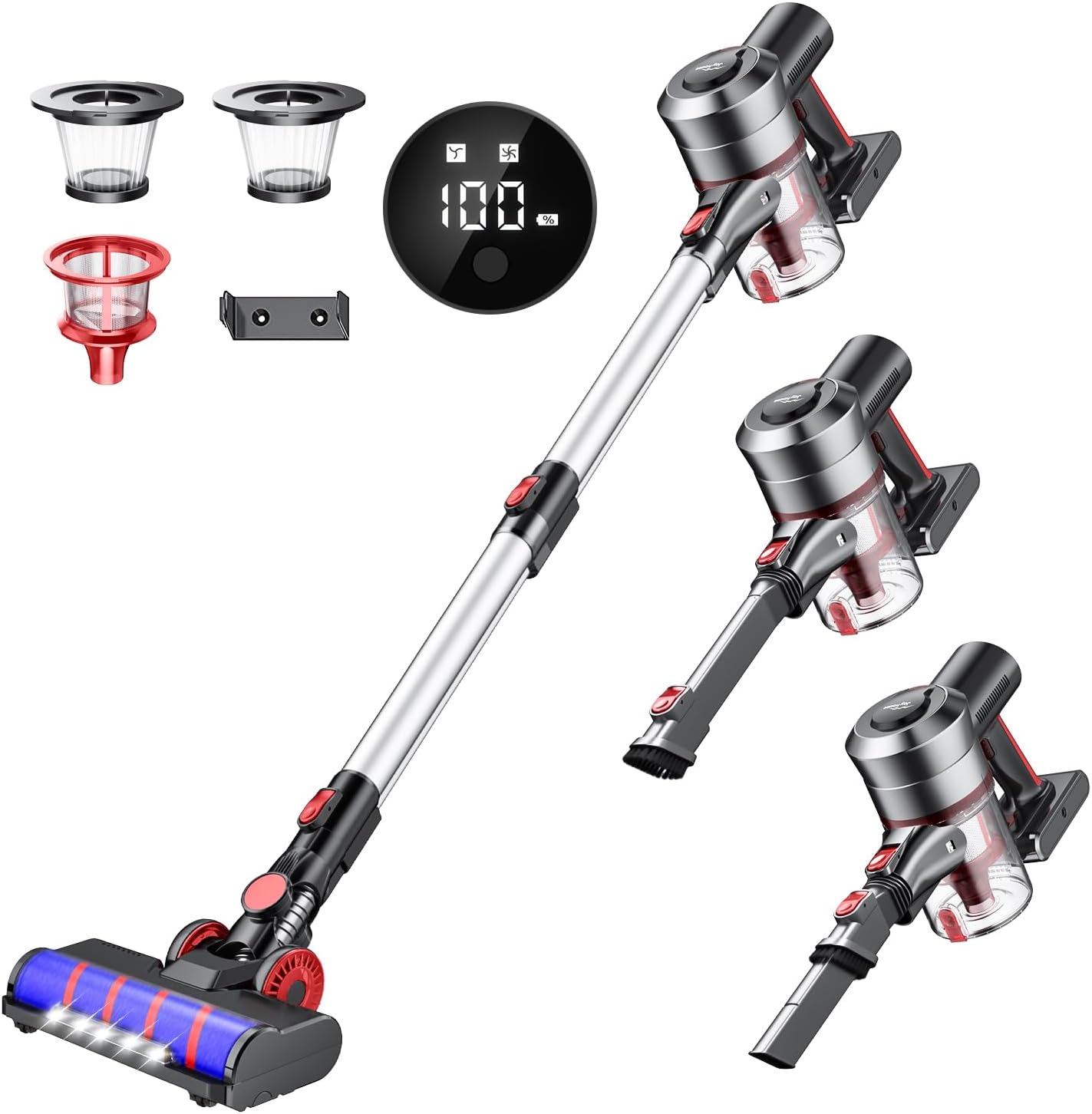 コードレス掃除機 LCD液晶ディスプレイ サイクロン 掃除機 スティッククリーナー ハンディクリーナー 2WAY 電気掃除機 左右180上下90回転 HEPAフィルター 多重濾過 LEDライト5つ