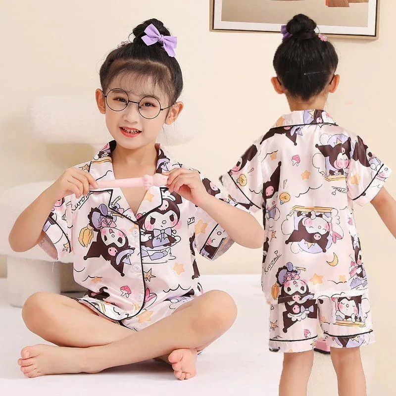【極速出荷】子供の氷糸パジャマの半袖シミュレーション糸少女漫画大童家庭服セットが薄い