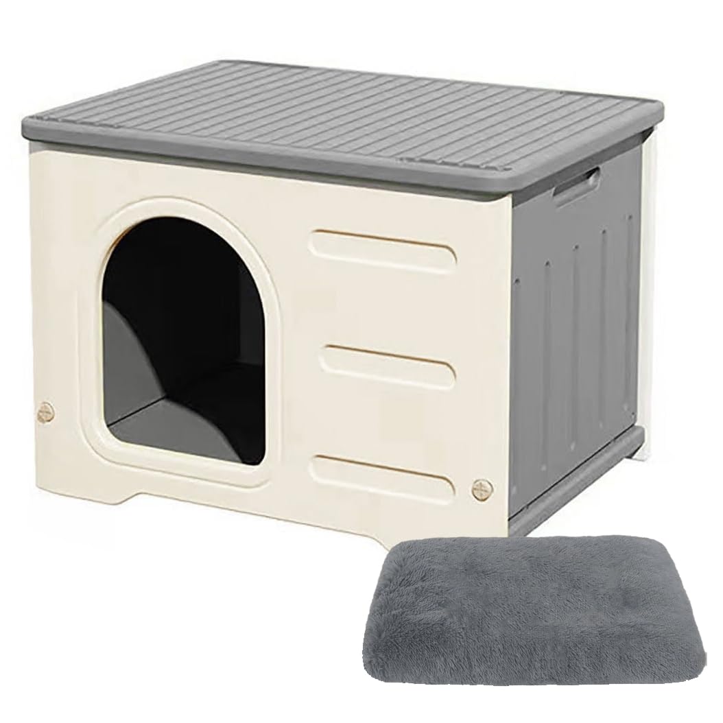 Pempet 猫 ハウス キャットハウス ペットハウス 小型犬用 プラスチック 猫小屋 屋外 室内 野良猫ハウス オールシーズン 毛布付き 防寒 雨よけ ペット用品 通気性 組み立て 洗える グレー