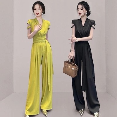 連体ズボン2025夏 名媛vネックは腰ベルト 気質を収めてやせている半袖 女性 ワイドパンツを現します