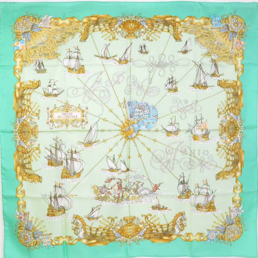 エルメス HERMES スカーフ カレ90 VOILES DE LUMIERE シルク グリーン/マルチカラー レディース e58450a