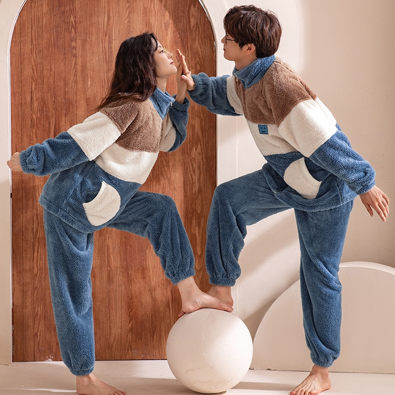ペアパジャマ カップル 秋冬 暖かい 厚手 フランネル 大きいサイズ冬の厚手330g保温フランネルカップルパジャマ女性男性長袖スポット運動はホームウェアを着ることができる